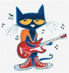 a drawing of a cat playing an electric guitar