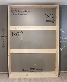 the measurements for a bookcase are shown in front of gray walls and white flooring