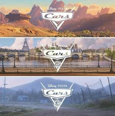 the cars logo is shown in three different pictures, and there are mountains behind them