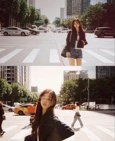 two pictures of a woman standing in the middle of a crosswalk with cars and buildings behind her