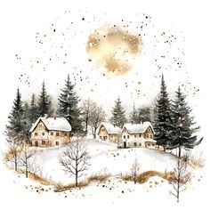 a watercolor painting of houses in the snow