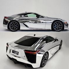 two views of a silver sports car