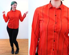 Fitted Orange Shirt For Workwear, Fitted Orange Shirt With Buttons, Retro Button Up Shirt, Retro Orange Collared Shirt, Retro Red Blouse With Button Closure, Vintage Striped Tops With Button Closure, Fitted Orange Button-up Blouse, Vintage Orange Button-up Tops, Vintage Striped Button-up Blouse