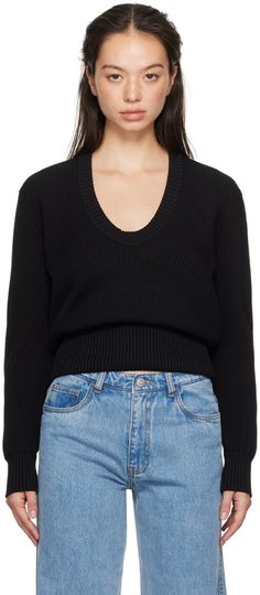 Rib-knit viscose- and nylon-blend sweater. · Scoop neck · Elasticized hem and cuffs Supplier color: Black Sleeved Sweater, Half Zip Sweaters, Yellow Sweater, Cowl Neck Sweater, Zip Sweater, White Sweaters, Black Knit, Black N Yellow, Black Sweaters