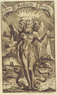 an image of a demon standing in the water with his arms outstretched and two other demonic creatures around him