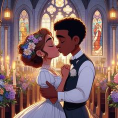 an animated image of a couple kissing in front of a church with flowers and candles