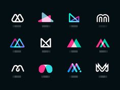 various logos designed in the style of geometric shapes, including letter m and an arrow