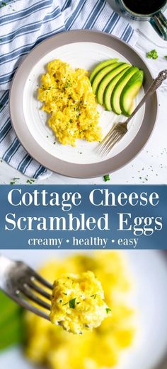 cottage cheese scrambled eggs on a plate with a fork