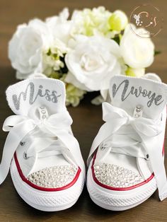 "These Custom Kids Converse shoes are sure to make your big day extra special and comfy, they are perfect for the Mom And Daughter Wedding Shoes. ✨✨Designs and Texts✨✨ ⭐️ You can choose one of our texts in the personalization section or message us with your own words. ⭐️ If you like a different design message me and I will be happy to work with you to create unique shoes for you. ⭐️ If you want a different Color of shoes message me and I will try my best to get them for you. ⭐️ Want a different Matching Wedding Converse, Kids Wedding Shoes, Flower Girl White Converse, Bridal Converse Custom, Custom Painted Converse Baby, Black And White Bling Converse Toddler, Kids Converse Shoes, Bride Converse, Custom Wedding Shoes