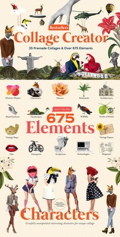 a poster with different types of animals and people on it's sides, including the words collage creator 75 elements