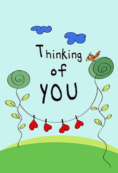 a card with the words thinking of you on it and some balloons in the sky