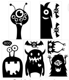 four black and white halloween stencils with bats, monsters, pumpkins and trees