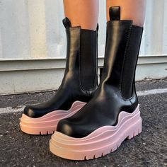 No Restocks Vegan Leather Pu Upper Pink Rubber Sole Bottom Lightly Padded Sole For Comfort Pink And Black Chelsea Boots, Pink Lug Sole Boots, Pink Casual Synthetic Boots, Pink Ankle-high Synthetic Boots, Pink Rubber Sole Boots For Spring, Casual Pink Slip-on Boots, Pink Ankle-high Boots With Rubber Sole, Brown Combat Boots, Black Moto Boots