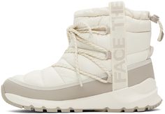 Ankle-high quilted ThermoBall™ Eco-insulated recycled PET ripstop boots in white. Water-repellent non-PFC DWR coating. · Waterproof DryVent™ membrane · Lace-up closure · Logo-woven webbing trim at sides · Bungee-style drawstring at collar · Pull-loop at heel counter · Cushioned OrthoLite® Eco LT™ footbed · Faux-fur lining · EVA foam rubber midsole · Treaded rubber outsole Supplier color: Gardenia white/Silver grey North Face Clothing, North Face Outfits, Eva Foam, Lace Up Boots, Luxury Streetwear, White Silver, Water Repellent, North Face, The North Face