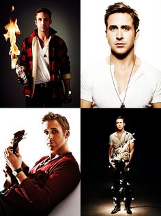 four different pictures with one man holding a fire lighter and the other wearing a white t - shirt