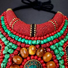 Tibetan Red Yellow Bead Bib Necklace With Brass Medallion, Tibetan Statement Necklace, Ethnic Collar Necklace, Boho Bib Necklace - Etsy Unique Bib Necklace With Large Beads For Festivals, Bohemian Turquoise Bib Necklace With Colorful Beads, Handmade Red Bib Necklace With Round Beads, Unique Bib Necklaces With Large Beads For Festivals, Handmade Beaded Necklaces For Festivals, Handmade Traditional Bib Necklaces For Festivals, Handmade Turquoise Bohemian Bib Necklace, Red Bohemian Bib Necklace For Festivals, Handmade Red Bohemian Beaded Necklace