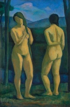 two nude women standing next to each other in front of trees and mountains with blue sky behind them