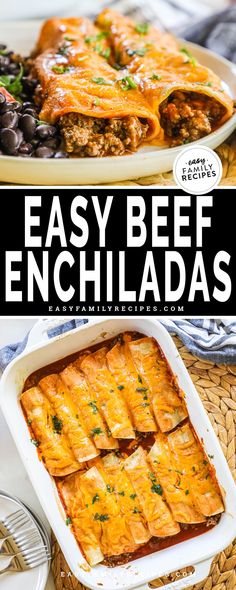 an easy beef enchiladas recipe in a casserole dish with olives