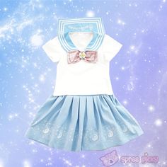 <p><span style="color: #ff0000;"><strong>The TOP is very small made, it's just like US XXS size, please check carefully the size of the bust when you decide to place the order, thank you.</strong></span></p>  Material: top and skirt are made of cotton, bow and collar are made of polyester  Co... Blue Skirt Set, Dolly Top, Gothic Punk Fashion, Harajuku Anime, Cute Clothing Stores, Color Celeste, Sailor Fashion, Kawaii Fashion Outfits, Kawaii Design