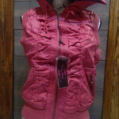 Ruby Rose Pink Vest Jacket Sleeveless Front Zip Closure, Zippered Front Pockets, Faux Fur Lining, Ribbed Trim, Drawstring Hood, Shirred Detailing At Bust 100% Polyester Pink Jacket Runs Small For The Stated Size. Medium Large Adorable Jacket Fitted Hooded Spring Vest, Fitted Hooded Vest For Spring, Fitted Pink Vest Outerwear, Pink Fitted Vest For Winter, Fitted Pink Vest For Fall, Blue Vest Women, Harley Davidson Vest, Rose Jacket, Faux Leather Vest