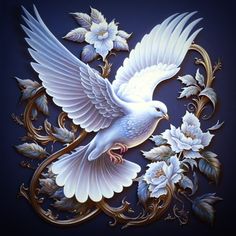 a white bird flying over flowers on a blue background with gold trim around it's wings