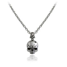 Carry a symbol of life's impermanence with the Ember Skull Necklace. This striking piece features a finely sculpted stainless steel skull that hangs with a quiet assertion of presence. Suspended on a durable chain, it’s an emblem of resilience and serves as a reminder to make every moment count. Metal Skull Necklace With Skull Print, Silver Skull Chain Necklace, Silver Skull Shaped Chain Necklace, Silver Skull Necklace With Adjustable Chain, Gothic Skull Necklace In Stainless Steel, Gothic Oxidized Stainless Steel Necklaces, Gothic Stainless Steel Necklace With Oxidized Finish, Silver Stainless Steel Jewelry With Skull Print, Silver Oxidized Skull Necklace