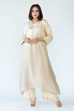 Ivory kurta in an asymmetric silhouette. Comes with a banarasi dupatta featuring woven floral zari pattern and bandhej motifs. - Aza Fashions Elegant Beige Kurta For Spring, Beige Summer Wedding Kurta, Summer Wedding Beige Kurta, Elegant Cream Kurta For Summer, Elegant Beige Kurta For Summer, Asymmetric Kurta, Women Kurta, Aza Fashion, Fashion Set