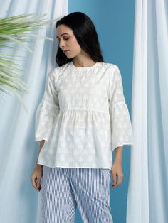 Ella White Cotton Kurti Top - Trendroots White Cotton Kurti, Cotton Peplum Top, Short Kurti Designs, Kurti Top, Short Kurti, Cotton Kurti, Flounce Sleeve, Kurti Designs, Sleeve Designs