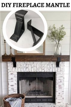 the fireplace mantle is painted white and has two black brackets on it, along with a basket