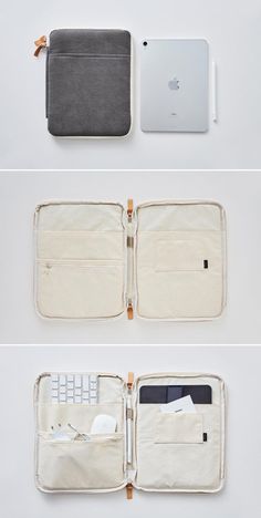 three different types of laptops are shown with the same zippered pouch on each side