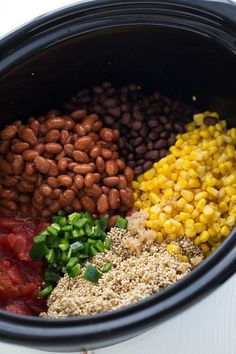 an image of beans and corn in a crock pot with seasonings on the side