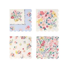 four napkins with flowers on them and one has a flowered design in the middle