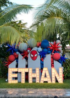 a sign that says ethan in front of some plants and trees with spiderman decorations