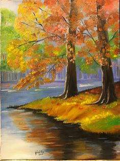 an oil painting of trees in fall colors by the water with grass and leaves on the ground