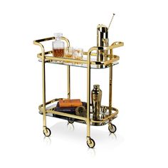 a gold bar cart with drinks on it