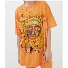 This Urban Outfitters X Sublime Distressed Holes Oversized Women Tee Tshirt In Size S/M Is Perfect For Casual Occasions. The Crew Neck And Short Sleeves Provide Comfort, While The Pullover Closure Makes It Easy To Wear. The Orange/Multicolor Cotton Material Is Machine Washable And Breathable, Making It Suitable For All Seasons. The Relaxed Fit And Casual Sleeve Type Add To The Comfortable And Laid-Back Style Of The T-Shirt. The Heavy Metal, Rock, Punk, Vintage, Music, Ska, Steampunk, Retro, And Cotton Tshirts For Women, Hippie Inspired Shirts, Oversized Band Tshirt Dress, Affordable Retro T-shirt From Urban Outfitters, Rave Oversized Tshirt, Vintage Hippie Shirts, Cheap Oversized Graphic Tee, Affordable Retro T-shirt By Urban Outfitters, Cheap Retro T-shirt By Urban Outfitters