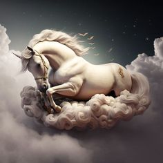 a white unicorn riding on top of a cloud