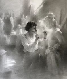 black and white photograph of two women talking to each other in front of a crowd