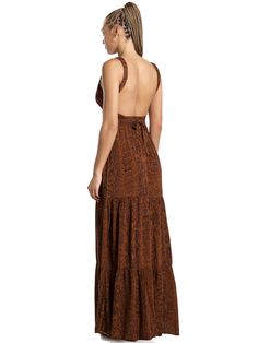 Deep V-neck long dress. Versatile straps. Sleeveless. Open back. Floor length. A-line silhouette. Soft hand feel. Dark brown. Printed. Swimwear Outfit, Cover Up Dress, Deep V Neck, Dress Details, Backless Dress Formal, Accessories Design, Sundress, Floor Length, Open Back