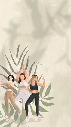 three women are doing yoga in front of a leafy background with the words, get fit on it