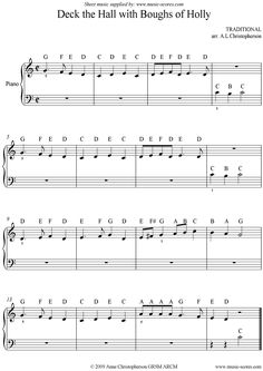 sheet music with the words deck the hall with boughs of holly