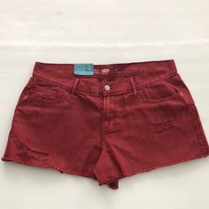 Old Navy Distressed Rust Color Red/Orange Jean Shorts Size 8 Waist Measures Approx 15” Lying Flat Inseam Is 2.5” Rise Is 9.5” Material Is 100% Cotton 5 Pocket Styling With Zip Up Front And Button Closure Factory Distressing As Shown New With Tag Trendy Red Distressed Bottoms, Casual Distressed Red Bottoms, Casual Red Distressed Bottoms, Red Cotton Cutoff Shorts, Trendy Red Relaxed Fit Shorts, Casual Red Cutoff Jean Shorts, Casual Red Fitted Jean Shorts, Red Cotton Jean Shorts With Pockets, Casual Red High Waist Jean Shorts