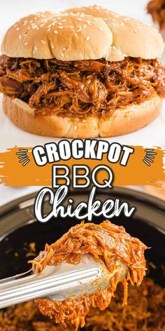 the crockpot bbq chicken is being held by a fork