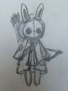 a drawing of a rabbit with arrows in her hand and an outfit on it's back