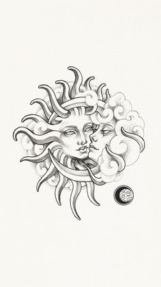 a drawing of a sun and moon with clouds in the shape of a woman's face