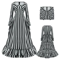 a black and white striped dress with ruffles on the bottom, long sleeves and collar