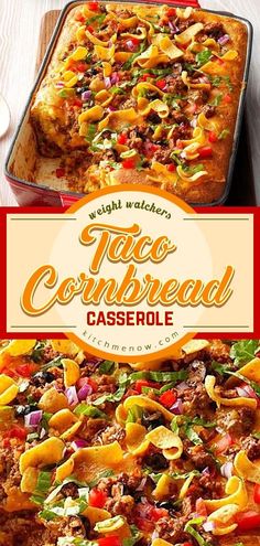 a casserole with meat and vegetables in it on a wooden table next to a box of taco cornbread