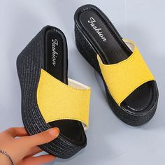 Platform Wedges Open Toe High Heeled Sandals Thick Bottom Sandals, Summer High Heels, Chunky Platform Sandals, Sandals Woman, Yellow Sandals, High Heeled Sandals, Slippers Summer, Woman Casual, Summer Heels