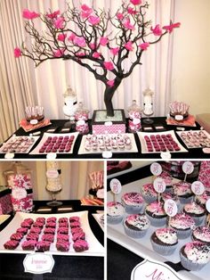 pink and black dessert table with cupcakes, candy bar and tree for wedding