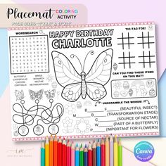 the happy birthday charlotte coloring page is shown with colored pencils in front of it